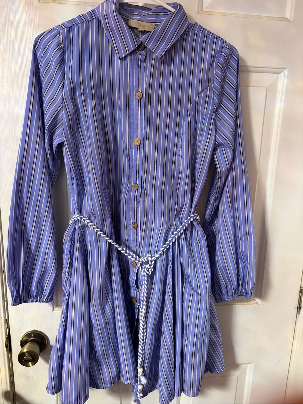 Striped Blue Midi Shirt Dress with Rope Tie
